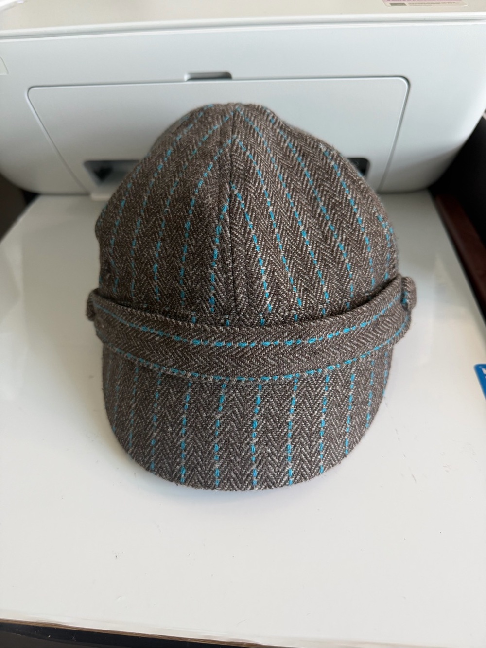 mark. Brown Herringbone Cap with Teal Stitching